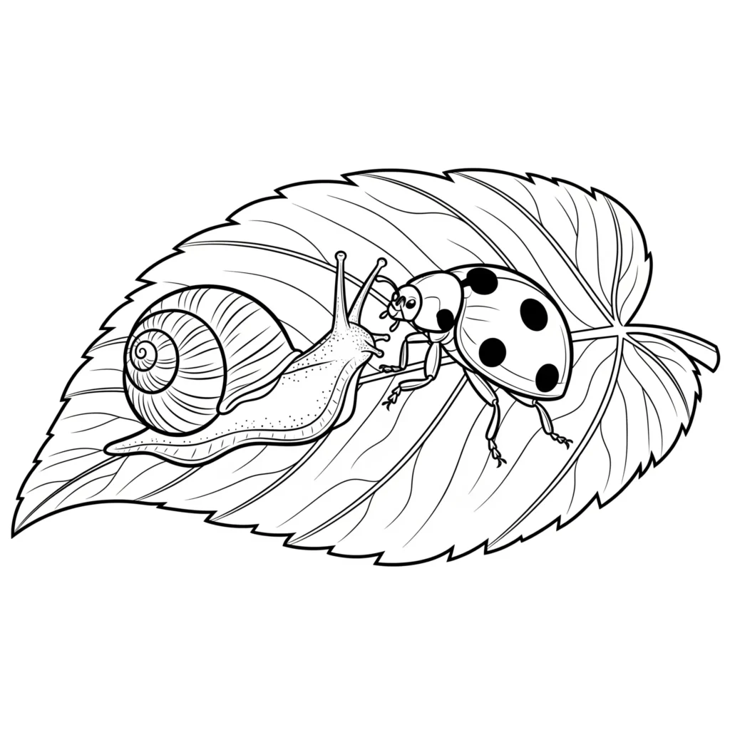 Ausmalbild mit einer Baby-Schnecke, die neben einem Marienkäfer sitzt. Diese schnecke ausmalbilder für kinder ist ideal für kreative Momente mit Tieren.