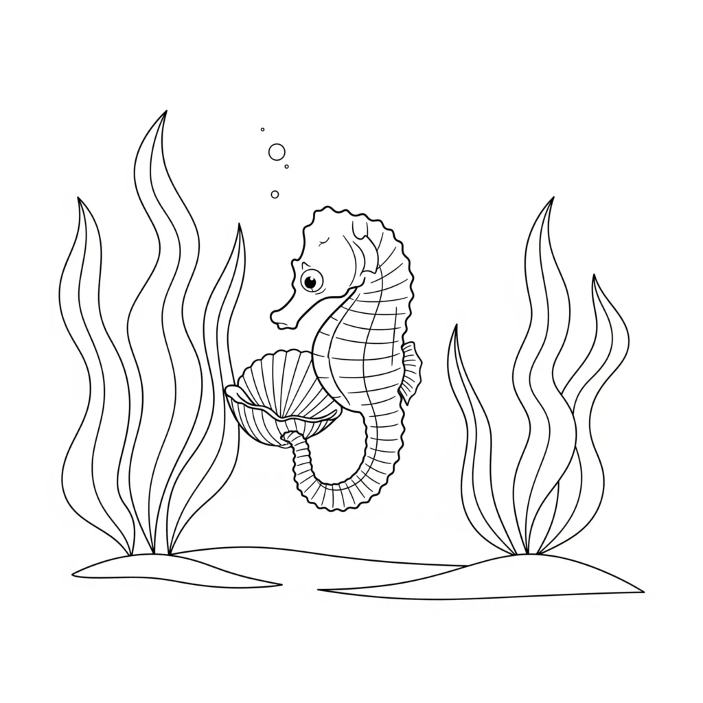 Liebenswertes Baby Seepferdchen, das eine Muschel hält – kindgerechtes Ausmalbild zum kostenlosen Ausdrucken für kreative Bastelideen
