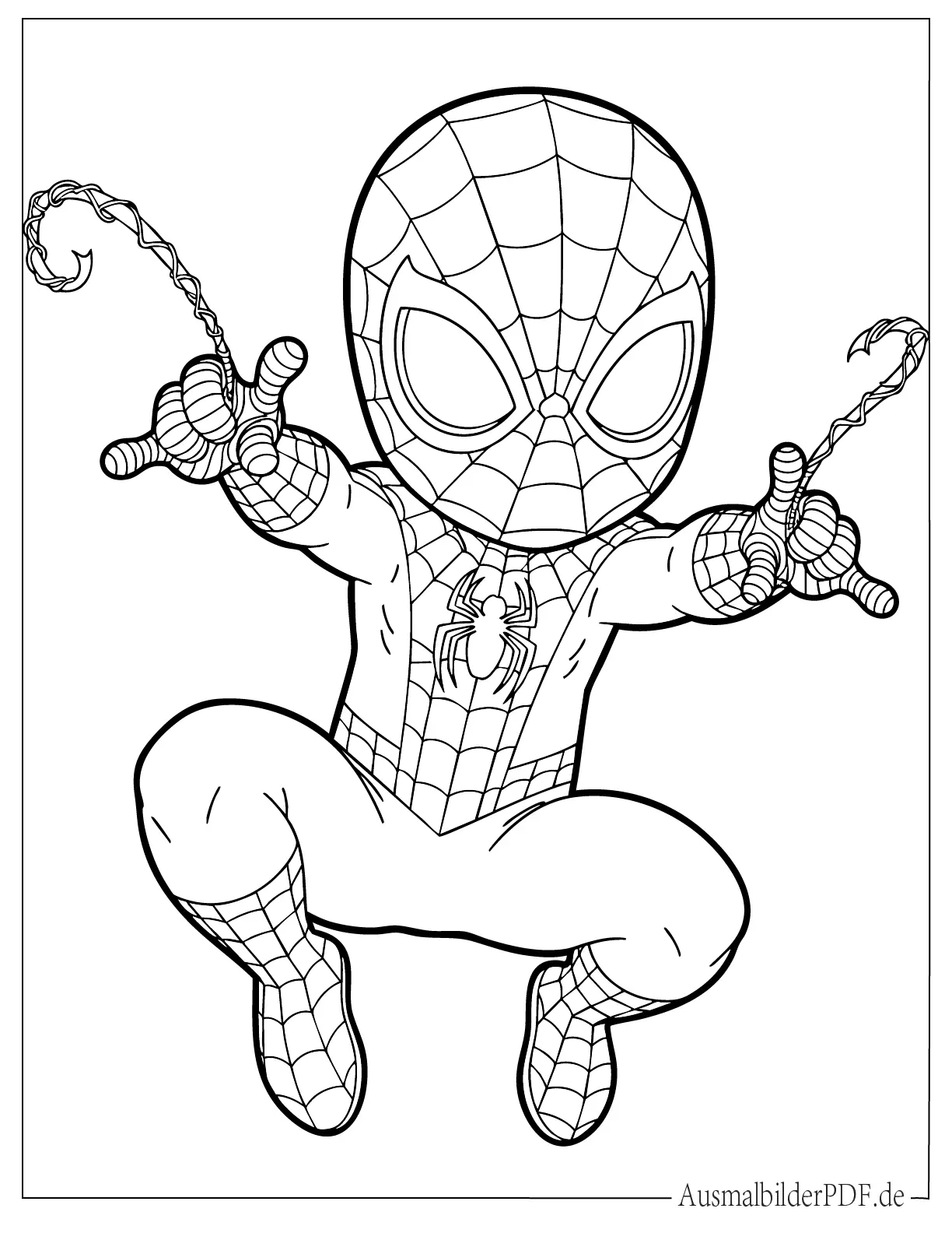 Niedlicher Baby Spider-Man schießt Spinnennetz Ausmalvorlage