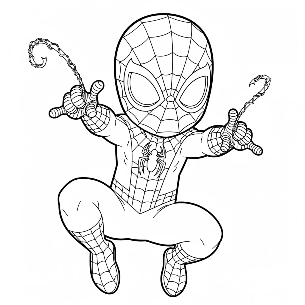 Ein süßer Baby Spider-Man im Minihelden-Anzug sitzt lachend und bereit zum Ausmalen – ideale Ausmalvorlage für kleine Kinder zum Ausdrucken