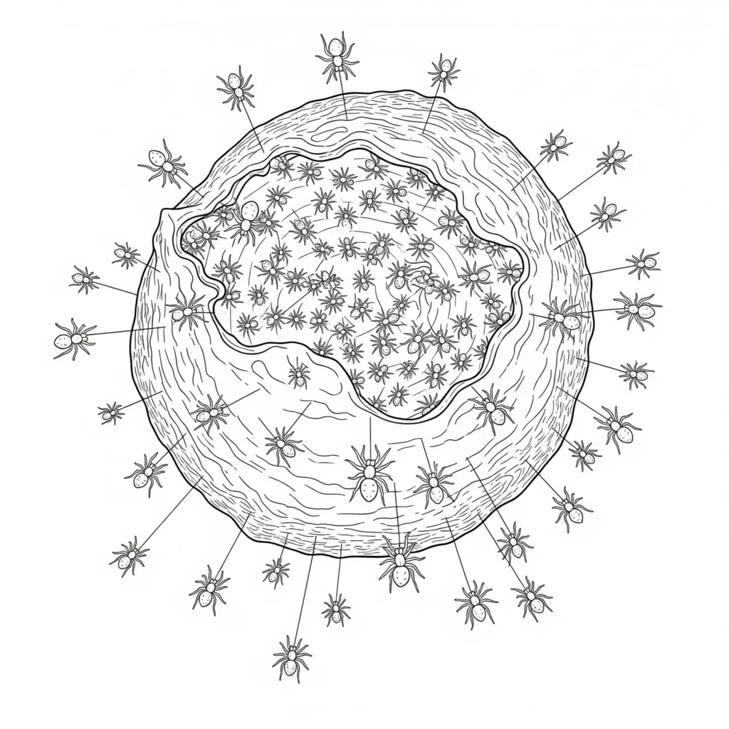 Baby Spinnen Ausmalbild zeigt frisch geschlüpfte Spinnen zum Ausdrucken für Kinder