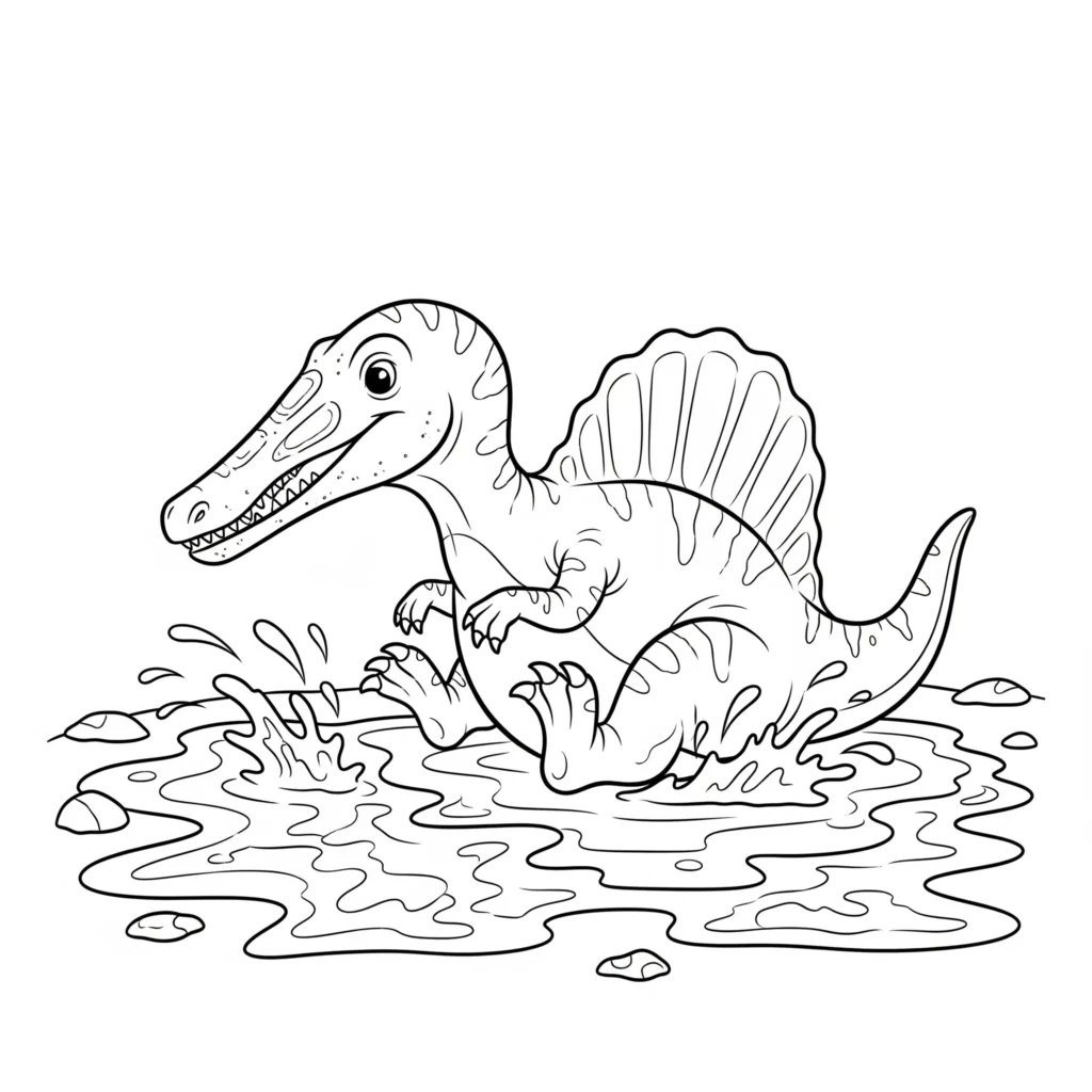 Baby spinosaurus ausmalbild zeigt einen kleinen Dino mit fröhlichem Gesicht als einfache spinosaurus malvorlage für kinder zum ausdrucken pdf