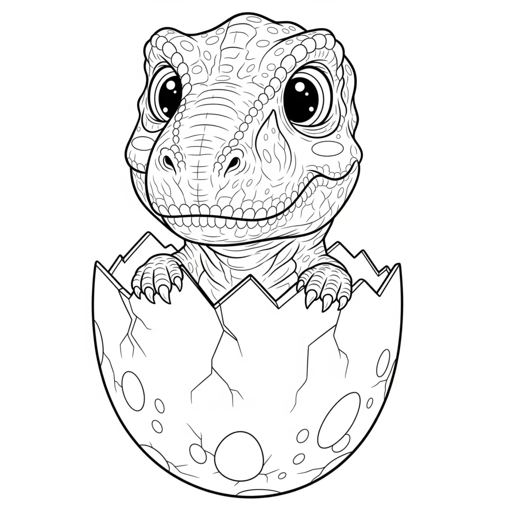 Baby T-Rex Ausmalbild mit einem kleinen Dinosaurier, der gerade aus seinem Ei schlüpft – ideal für kreative Kinderhände.