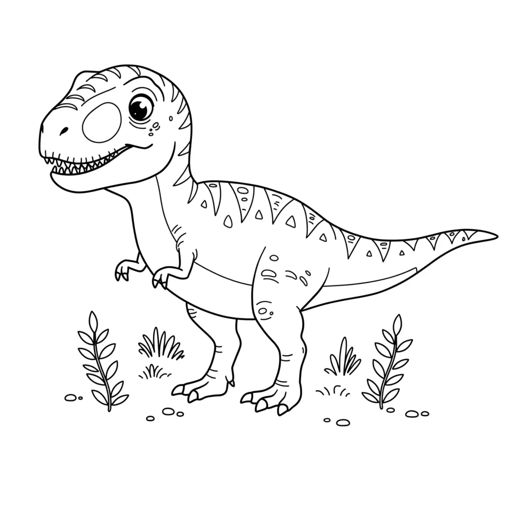 Malvorlage eines niedlichen Baby T-Rex, der neugierig schaut – perfekt für kleine Dinosaurier-Fans zum Ausmalen.