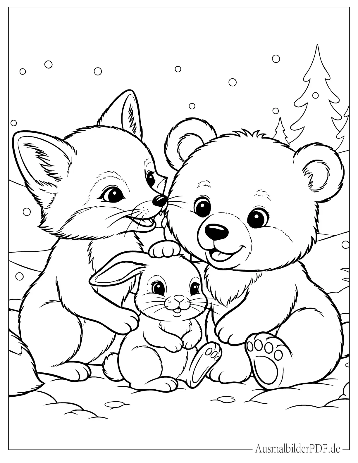 Kawaii Tierbabys Fuchs, Hase und Bär im Schnee Ausmalbild