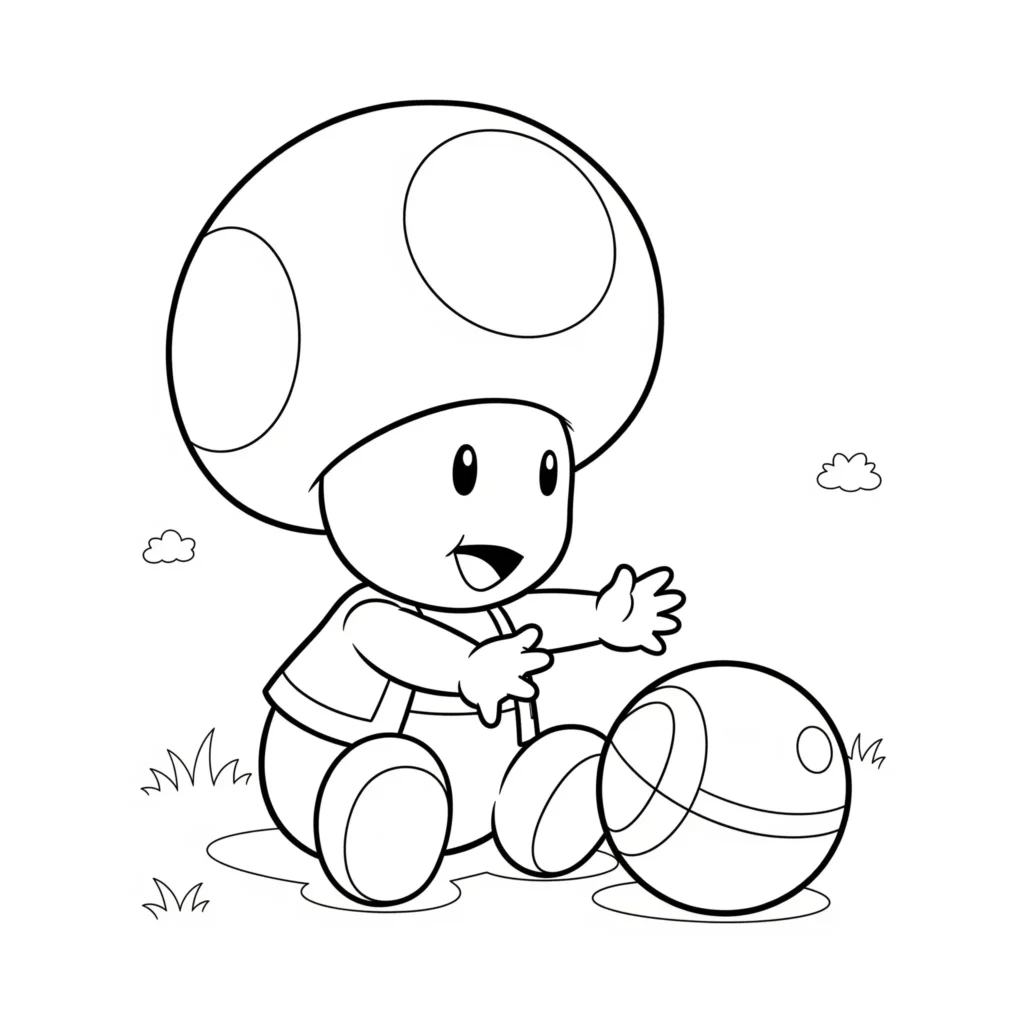 Toad Ausmalbilder (Gratis Super Mario Malvorlage drucken) Baby Toad beim Spielen als Ausmalbild für Kinder zum einfachen Ausdrucken und Ausmalen