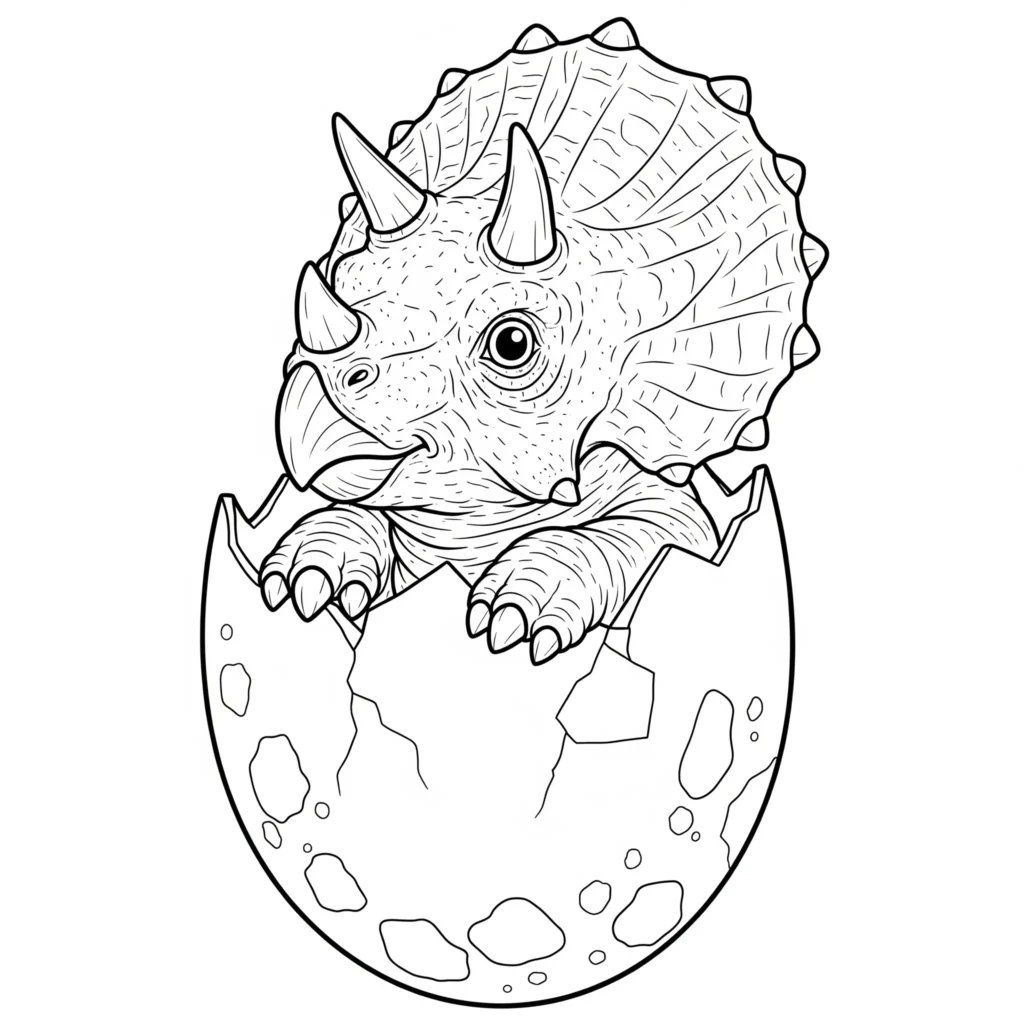 Niedliches Baby Triceratops Ausmalbild als PDF Vorlage mit einem Dinosaurier, der gerade aus einem Ei schlüpft, ideal zum Ausdrucken für kleine Kinder