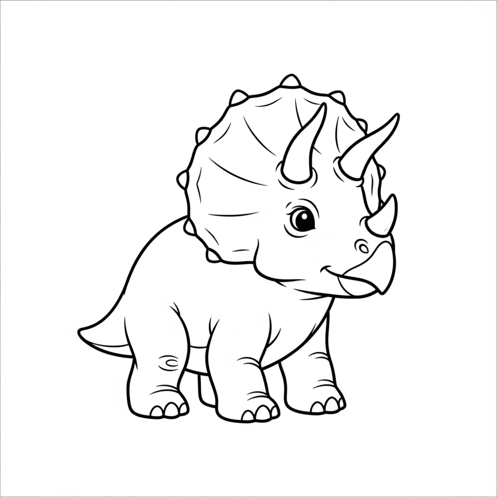 Einfaches Ausmalbild mit einem kleinen Baby Triceratops als freundliche Dinosaurier Vorlage für Kinder zum kostenlosen Ausdrucken und Ausmalen