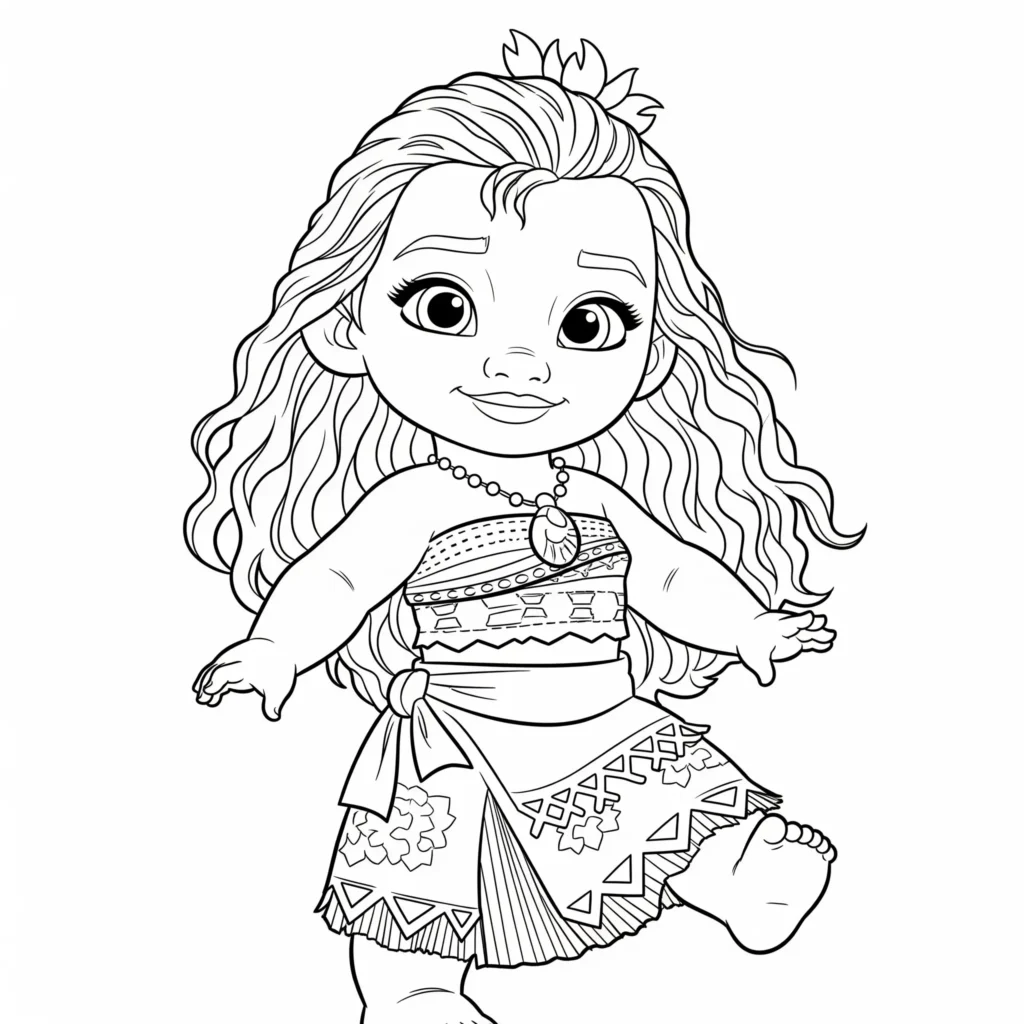 14 Vaiana Ausmalbilder (Disney Prinzessin Malvorlage Drucken) Das Baby Vaiana Ausmalbild zeigt sie als Kleinkind mit fröhlichem Gesichtsausdruck. Eine liebevolle Malvorlage für kleine Kinderhände.