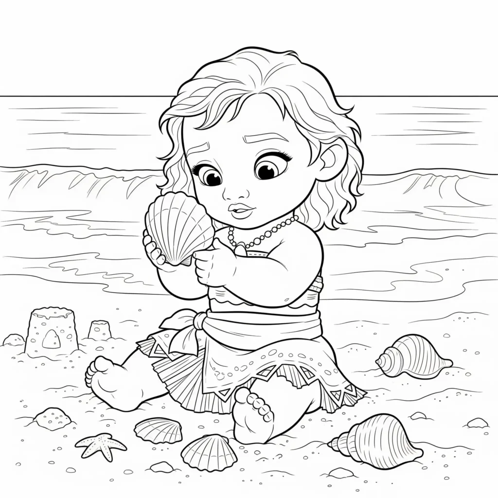 14 Vaiana Ausmalbilder (Disney Prinzessin Malvorlage Drucken) Baby Vaiana mit Muscheln Ausmalbild am Strand, Eine süße Vorlage für kreative Kinder.