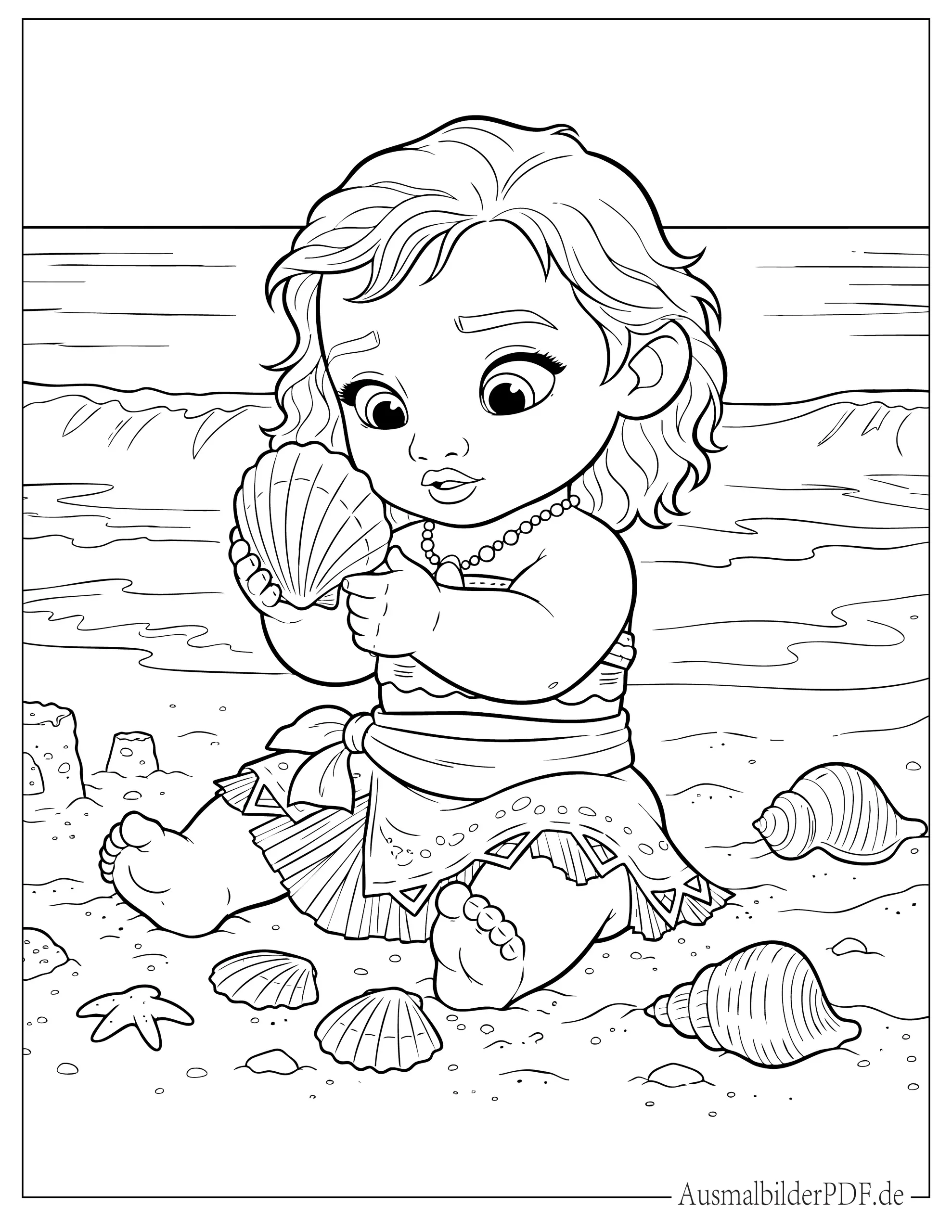 Baby Vaiana spielt mit Muscheln Ausmalbild für Kinder