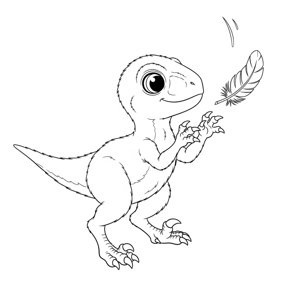Baby velociraptor ausmalbild kostenlos zeigt ein niedliches baby dinosaurier das sitzt und freundlich schaut ideal für jüngere kinder zum ausmalen