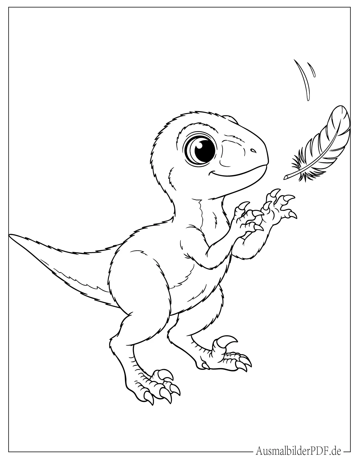 18 Velociraptor Ausmalbilder (Gratis Malvorlage zum Drucken) Baby Raptor spielt mit Feder zum Ausmalen für Kinder