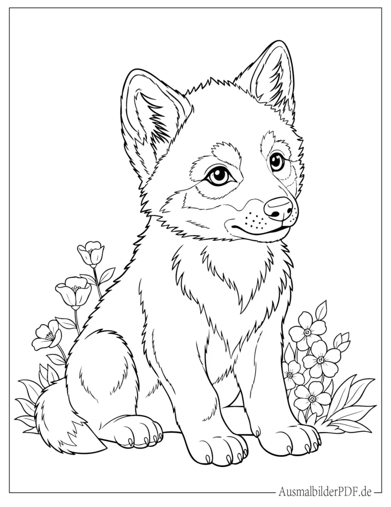 Niedliches Baby Wolf Ausmalbild, ideal zum Ausdrucken und Ausmalen für Kinder jeden Alters