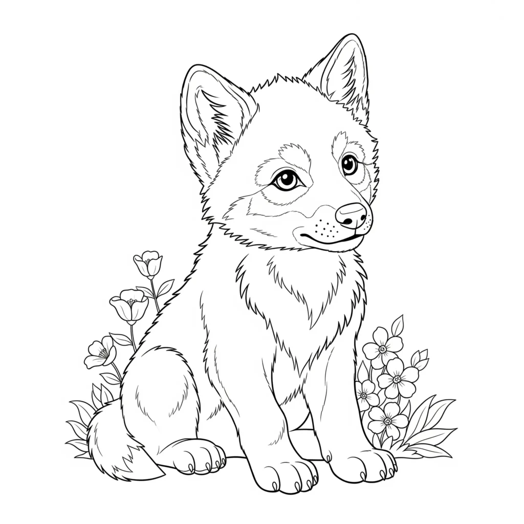 Niedliches Baby Wolf Ausmalbild, ideal zum Ausdrucken und Ausmalen für Kinder jeden Alters