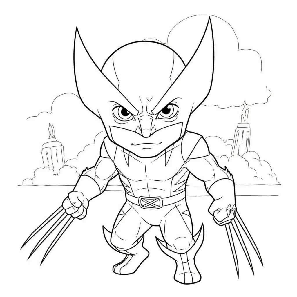 Niedliches Baby Wolverine mit großen Augen und kleiner Maske, im Comicstil gezeichnet – perfekte Ausmalvorlage für Kinder zum kostenlosen Ausdrucken