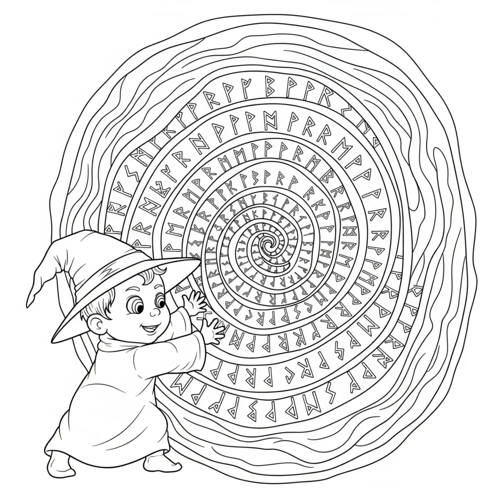 Zauberer Ausmalbilder (Gratis Malvorlage zum Ausdrucken) Ausmalbild für Kinder zeigt einen Baby Zauberer, der ein Portal öffnet – liebevoll gestaltet als PDF zum Ausdrucken