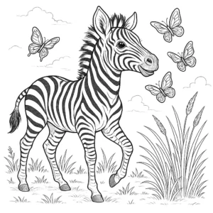 Baby Zebra Ausmalbild – Junges Zebra spielt auf einer Wiese mit Schmetterlingen als PDF zum Ausdrucken