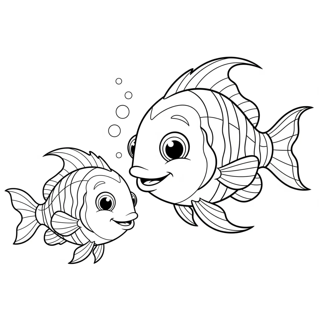 Ein kleiner Babyfisch schwimmt eng neben seiner Mutter im Wasser. Diese Fisch Malvorlage eignet sich gut zum Ausdrucken und Ausmalen für Kinder.