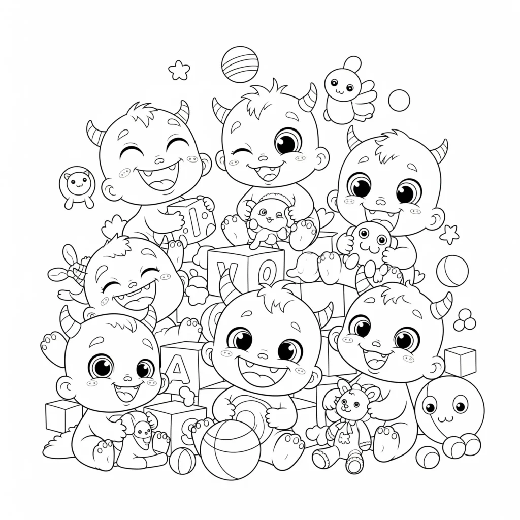 Ausmalbild von Baby Monstern, die spielen, für Kinder zum Ausdrucken und Ausmalen kostenlos