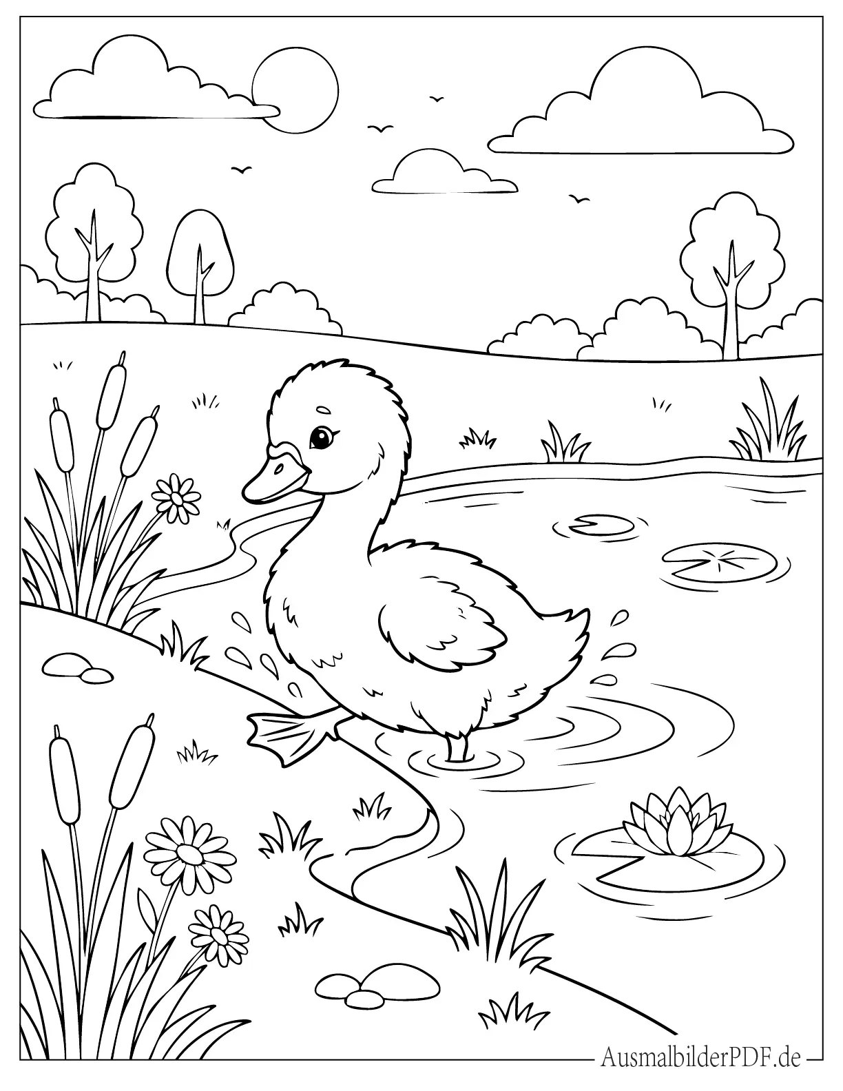 Niedlicher Baby Schwan taucht aus dem Teich auf Malvorlage