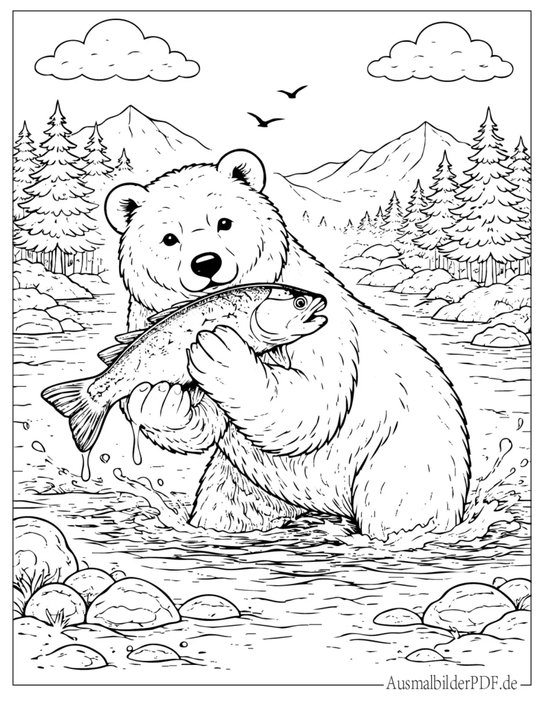 Ausmalbild eines Bären, der stolz einen gefangenen Fisch hält, ideal für Kinder zum Ausdrucken und kreativen Ausmalen