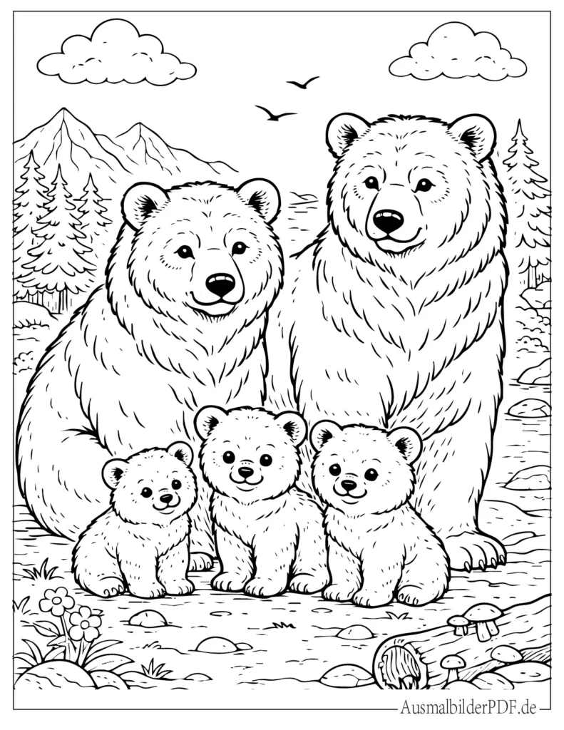 Ausmalbild einer Bärenfamilie mit Mama, Papa und kleinen Bärenbabys, eine schöne Malvorlage für Kinder zum Ausdrucken