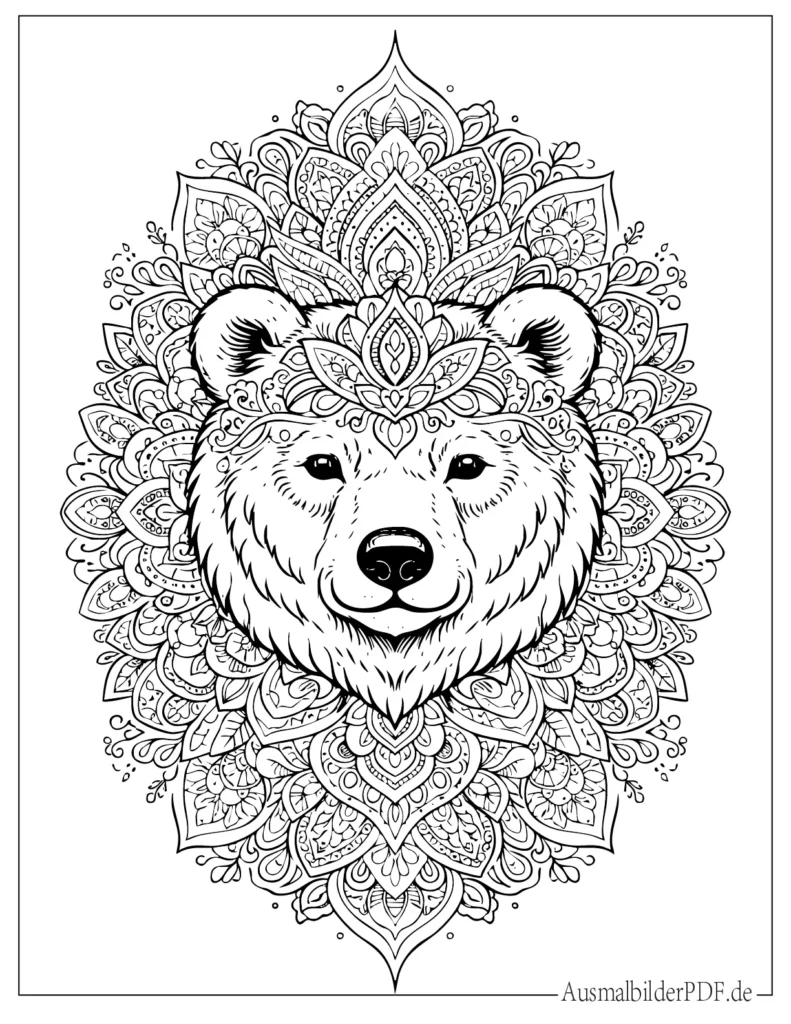 Detailreiches Bären Mandala Ausmalbild mit symmetrischen Mustern, ideal für Erwachsene und Jugendliche zum ruhigen Ausmalen