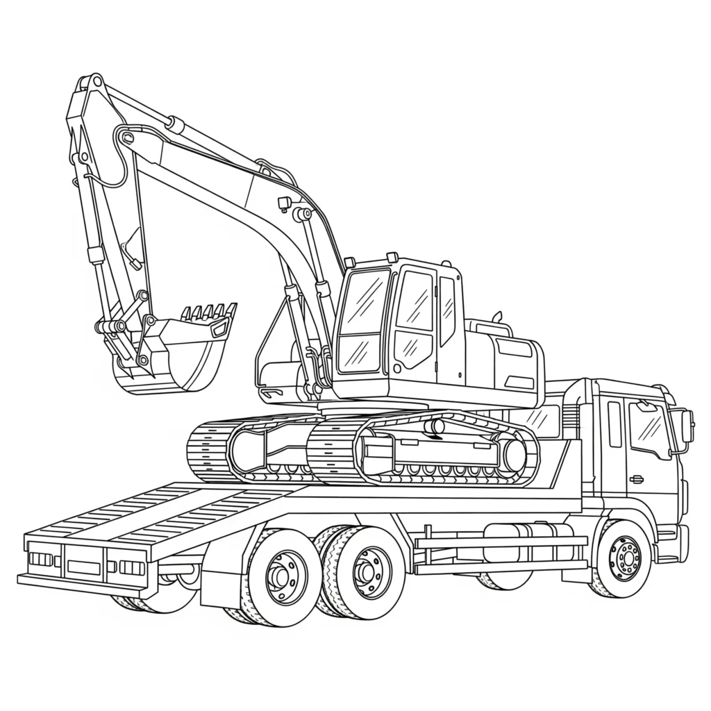 10+ Bagger Ausmalbilder (Kostenlos Malvorlage zum Ausdrucken) Ausmalbild eines Baggers, der auf einen LKW geladen wird, zum Drucken und Ausmalen