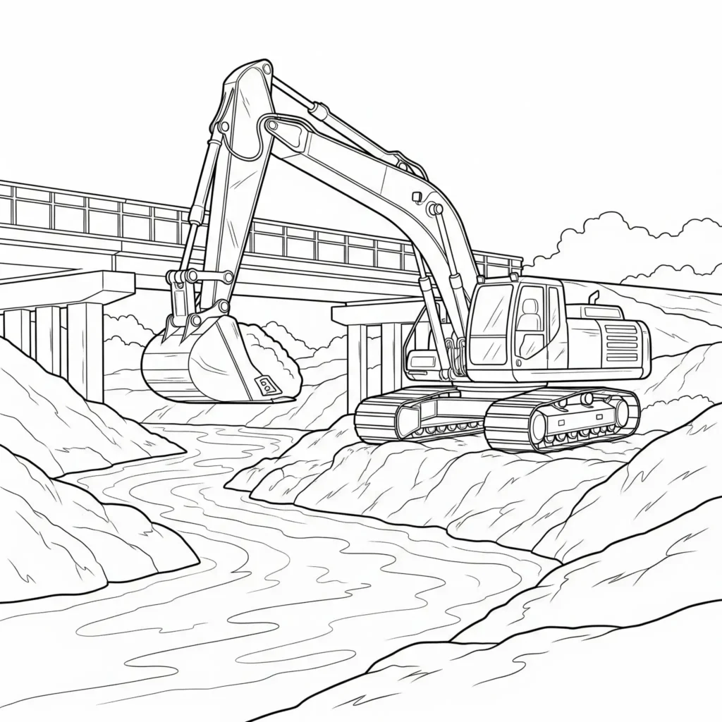 10+ Bagger Ausmalbilder (Kostenlos Malvorlage zum Ausdrucken) Ausmalbild eines Baggers am Flussufer, zum Drucken und Ausmalen geeignet