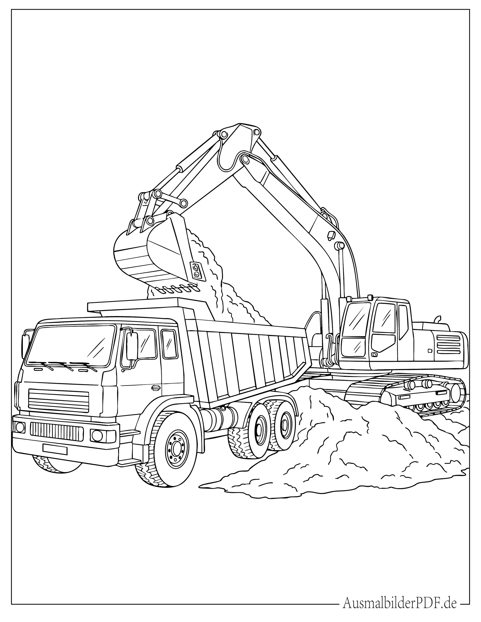 Bagger lädt Sand auf LKW Ausmalvorlage