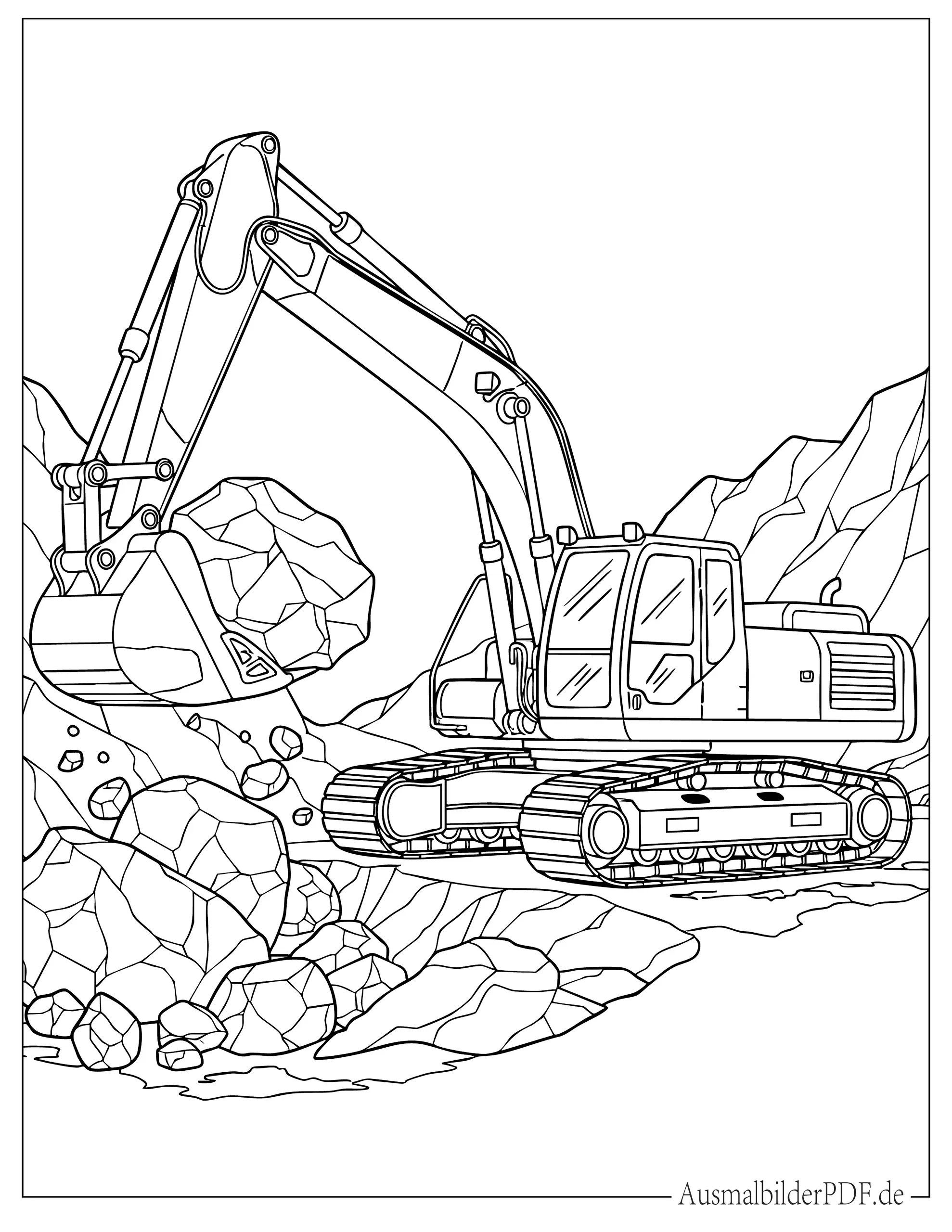 Realistischer Bagger hebt Steine Ausmalbild