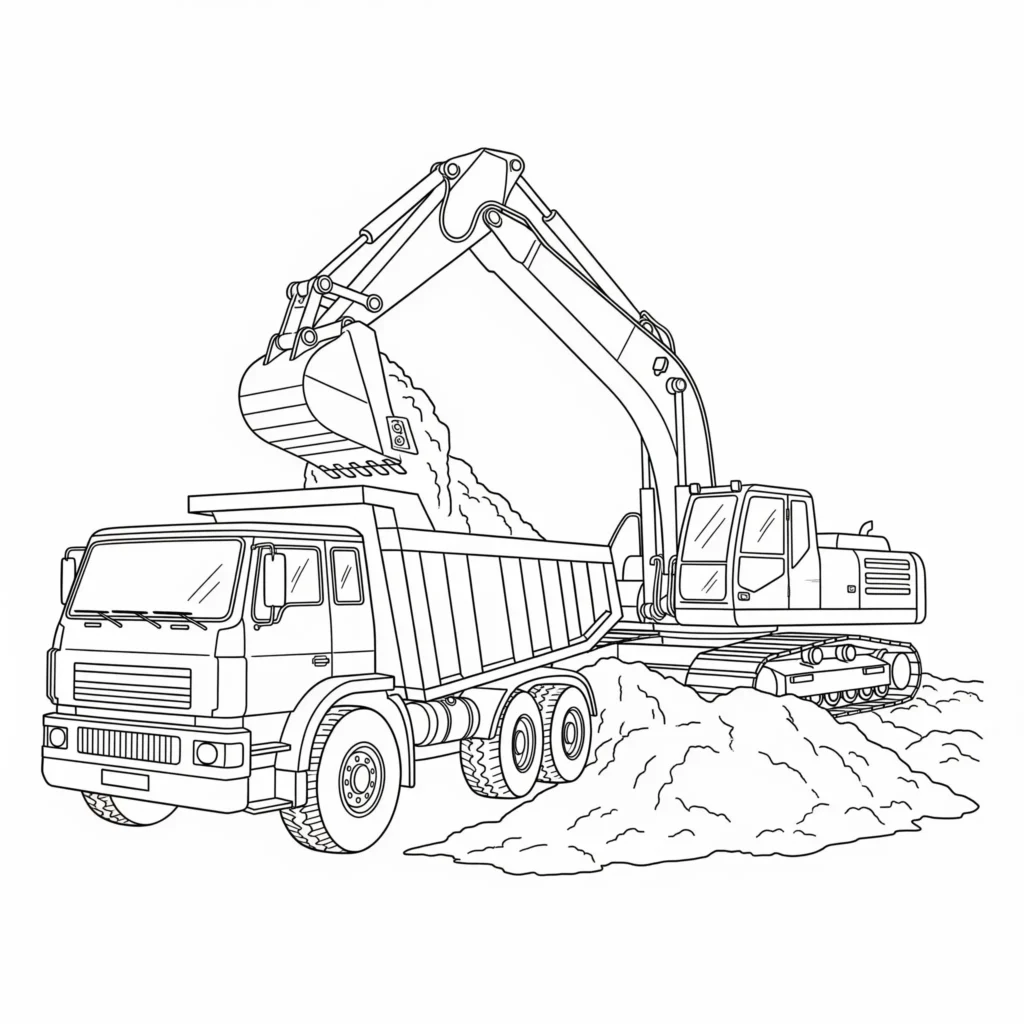 10+ Bagger Ausmalbilder (Kostenlos Malvorlage zum Ausdrucken) Ausmalbild eines Baggers neben einem LKW zum Drucken und Ausmalen