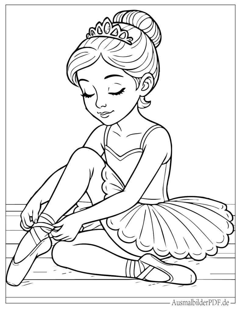 20 Ausmalbilder Ballerina (Gratis Vorlagen zum Ausdrucken) Junge Ballerina sitzt konzentriert und bindet ihre Spitzenschuhe vor dem Training, als ruhige Malvorlage für Kinder zum Ausmalen