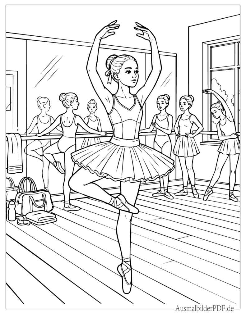 20 Ausmalbilder Ballerina (Gratis Vorlagen zum Ausdrucken) Junge Ballerina übt im Tanzunterricht das Gleichgewicht auf einem Bein, als ruhige und motivierende Malvorlage für Kinder