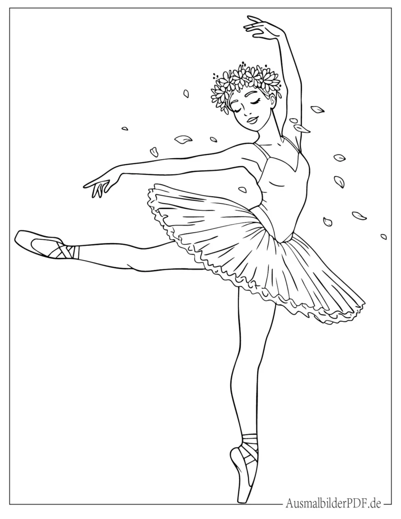 20 Ausmalbilder Ballerina (Gratis Vorlagen zum Ausdrucken) Anmutige Ballerina im Frühlingslook mit Blumenkranz im Haar, als liebevolle Malvorlage für Kinder zum kreativen Ausmalen