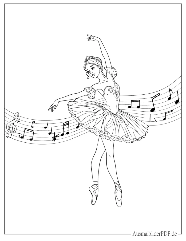 20 Ausmalbilder Ballerina (Gratis Vorlagen zum Ausdrucken) Elegante Tänzerin in fließender Pose, umgeben von schwebenden Musiknoten, als kreative Malvorlage für Kinder und entspannte Ausmalzeit