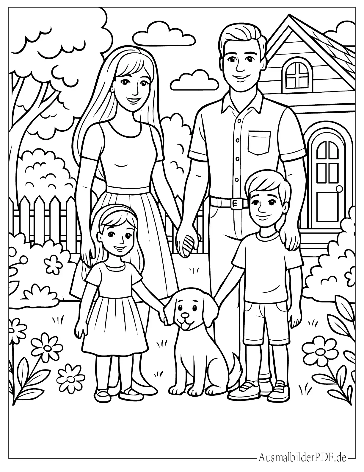 Barbie Familie mit Kindern und Welpe Malvorlage