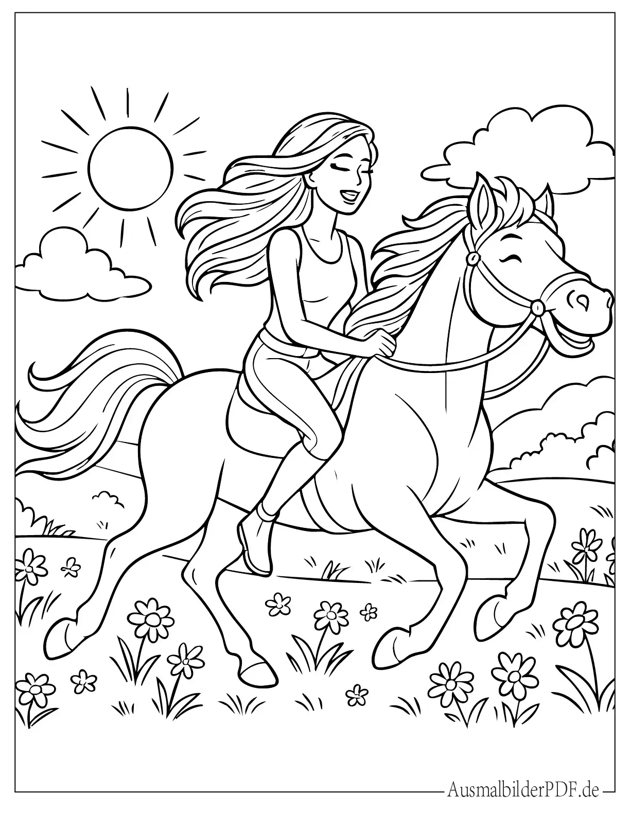 Malvorlage Barbie reitet glücklich auf einem Pferd