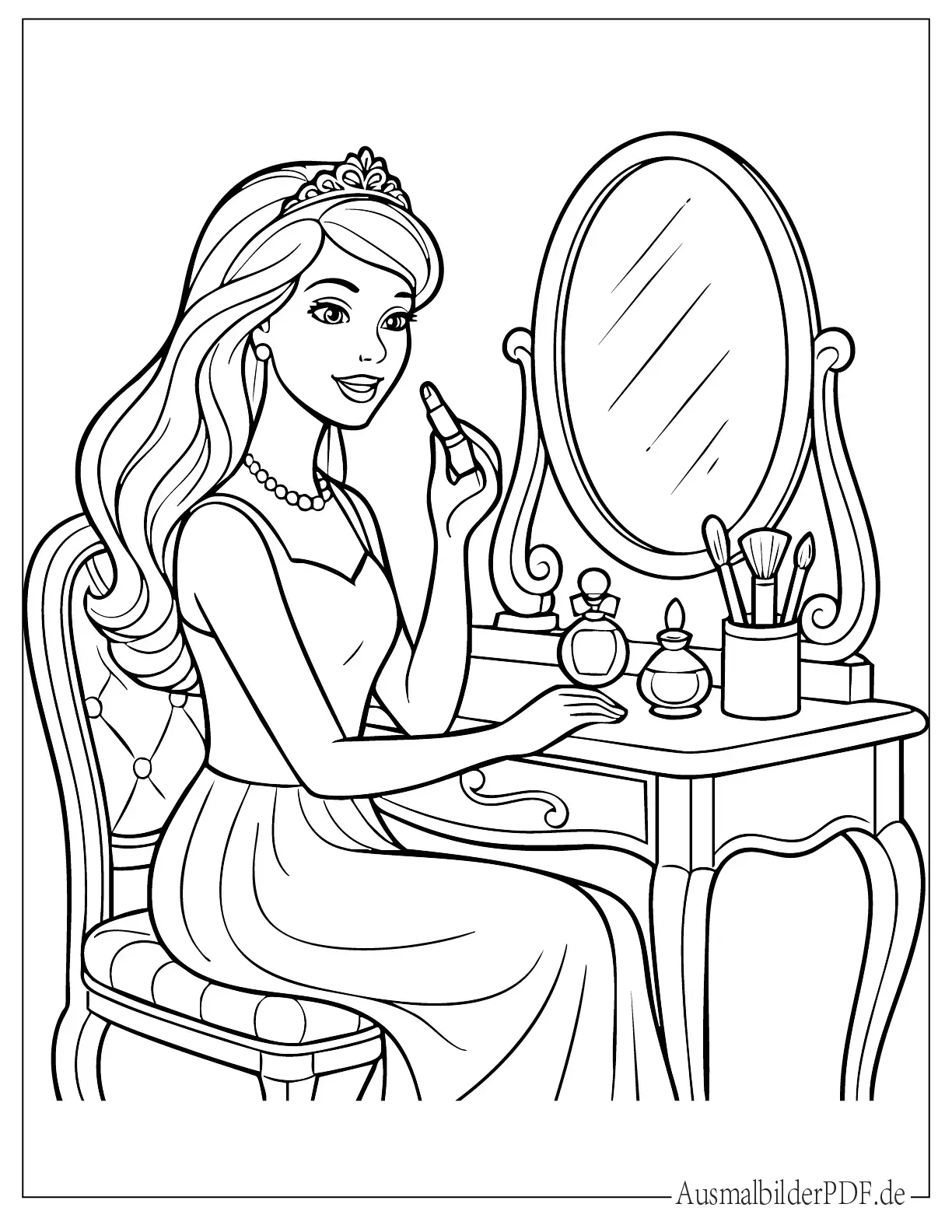 Barbie an einem Schminktisch mit Lippenstift und Spiegel Ausmalbild