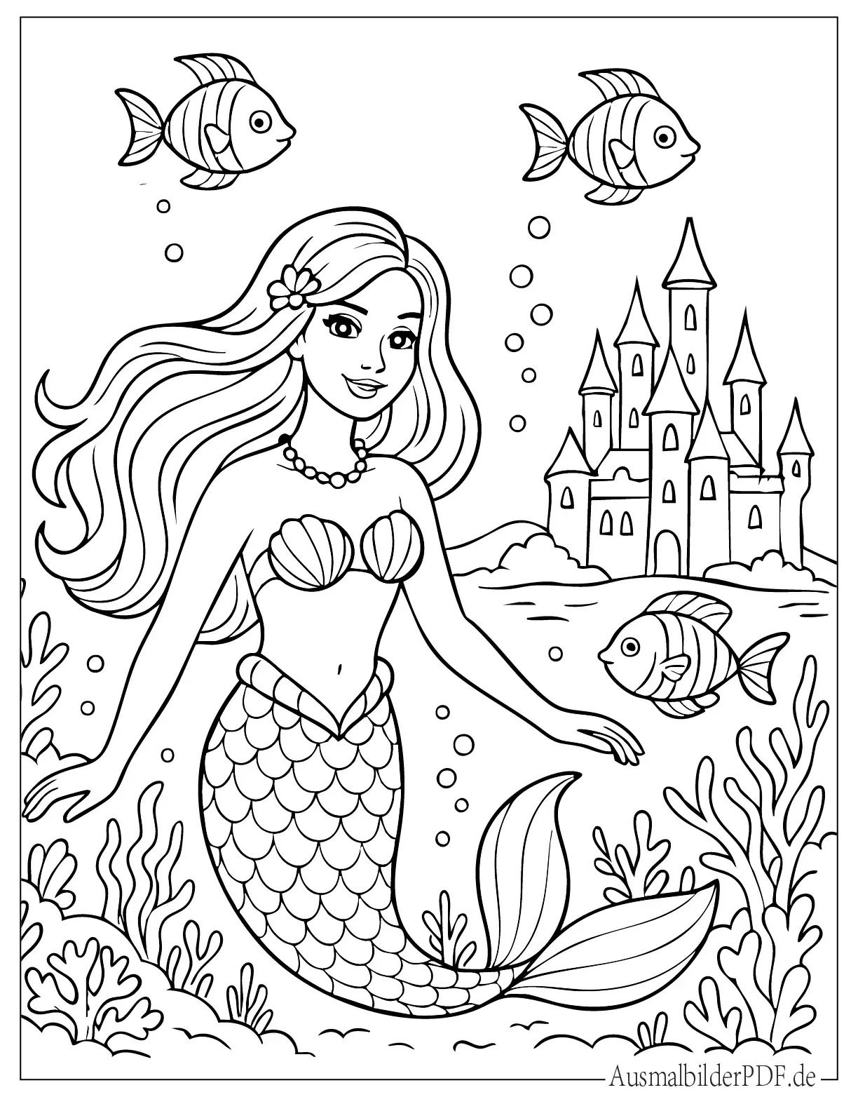 Barbie Meerjungfrau mit Fischen und Schloss Malbild