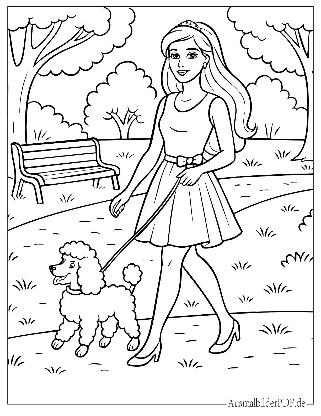 Barbie mit Hund im Park zum Ausmalen