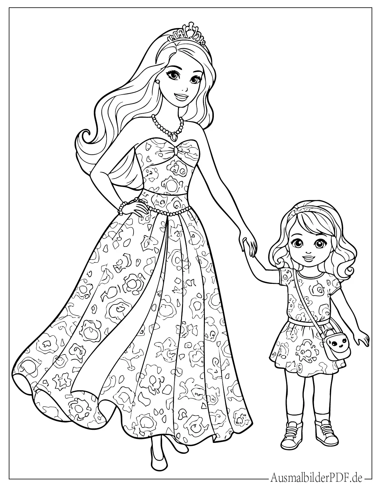 Schöne Barbie mit Kind Prinzessin Malvorlage zum Ausdrucken