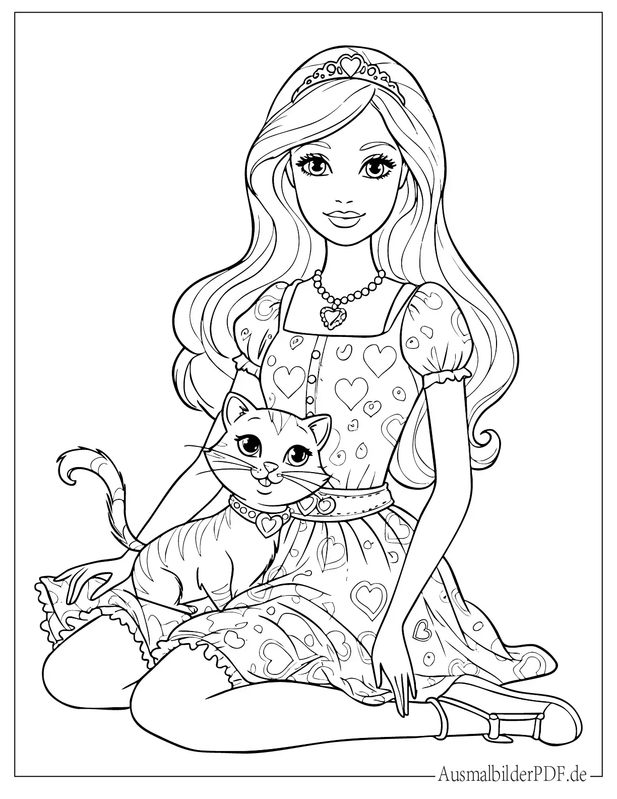 Barbie mit niedlicher Katze ausdruckbare Malvorlage