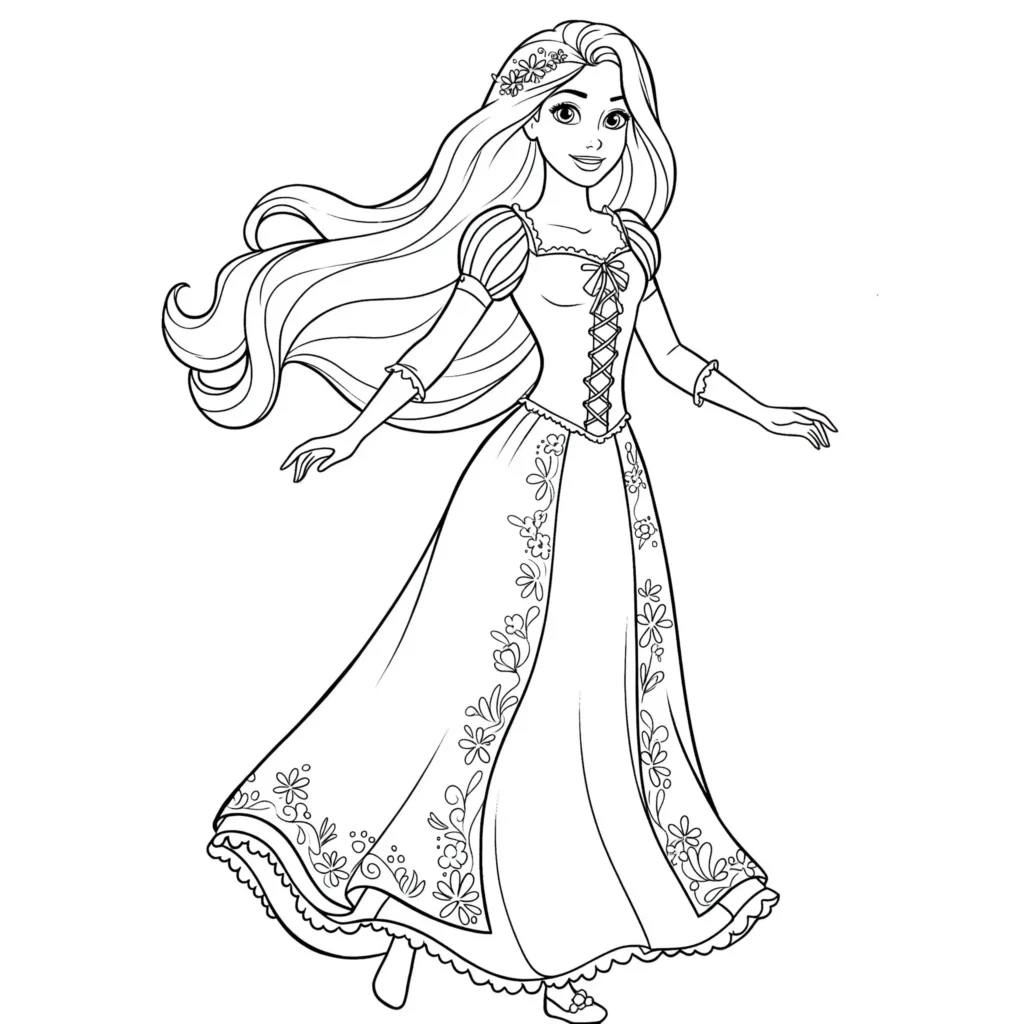 Ausmalbild von Barbie als Rapunzel mit langem Haar in einem Kleid, ideal zum Ausdrucken für Kinder