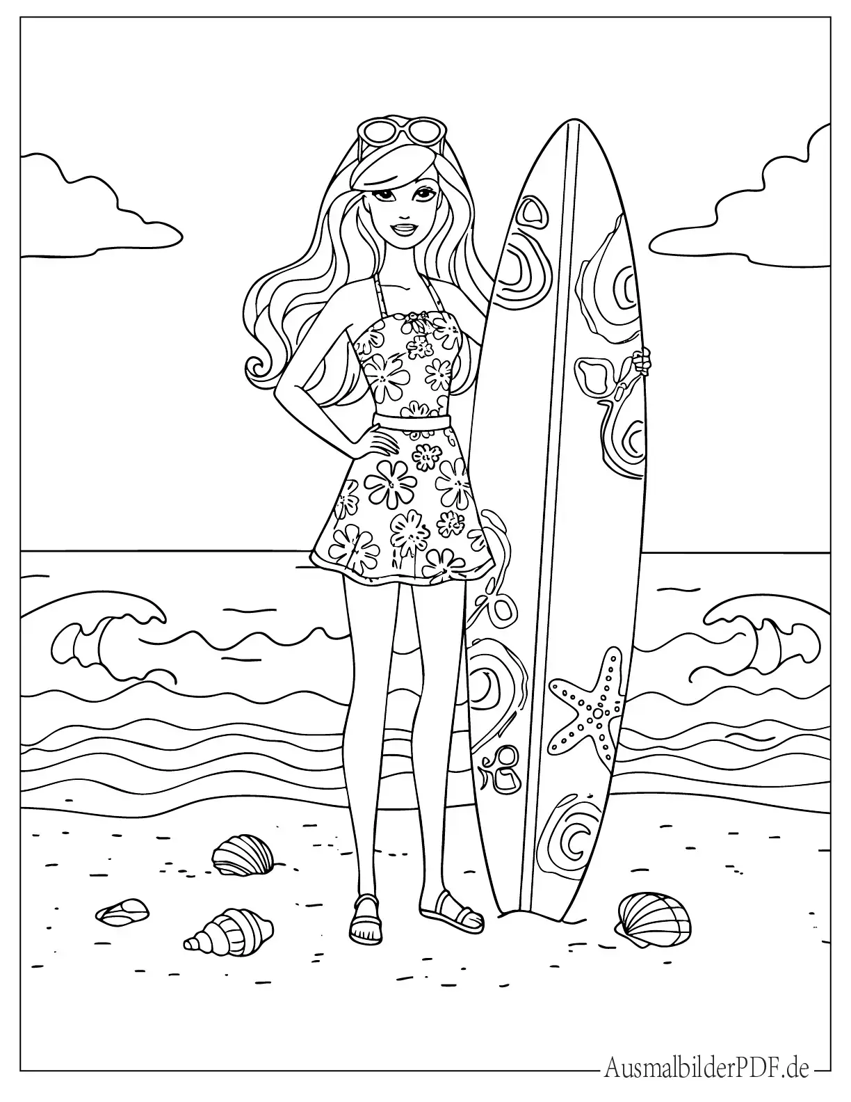 Ausmalbild Barbie am Strand mit einem Surfbrett und Sonnenbrille