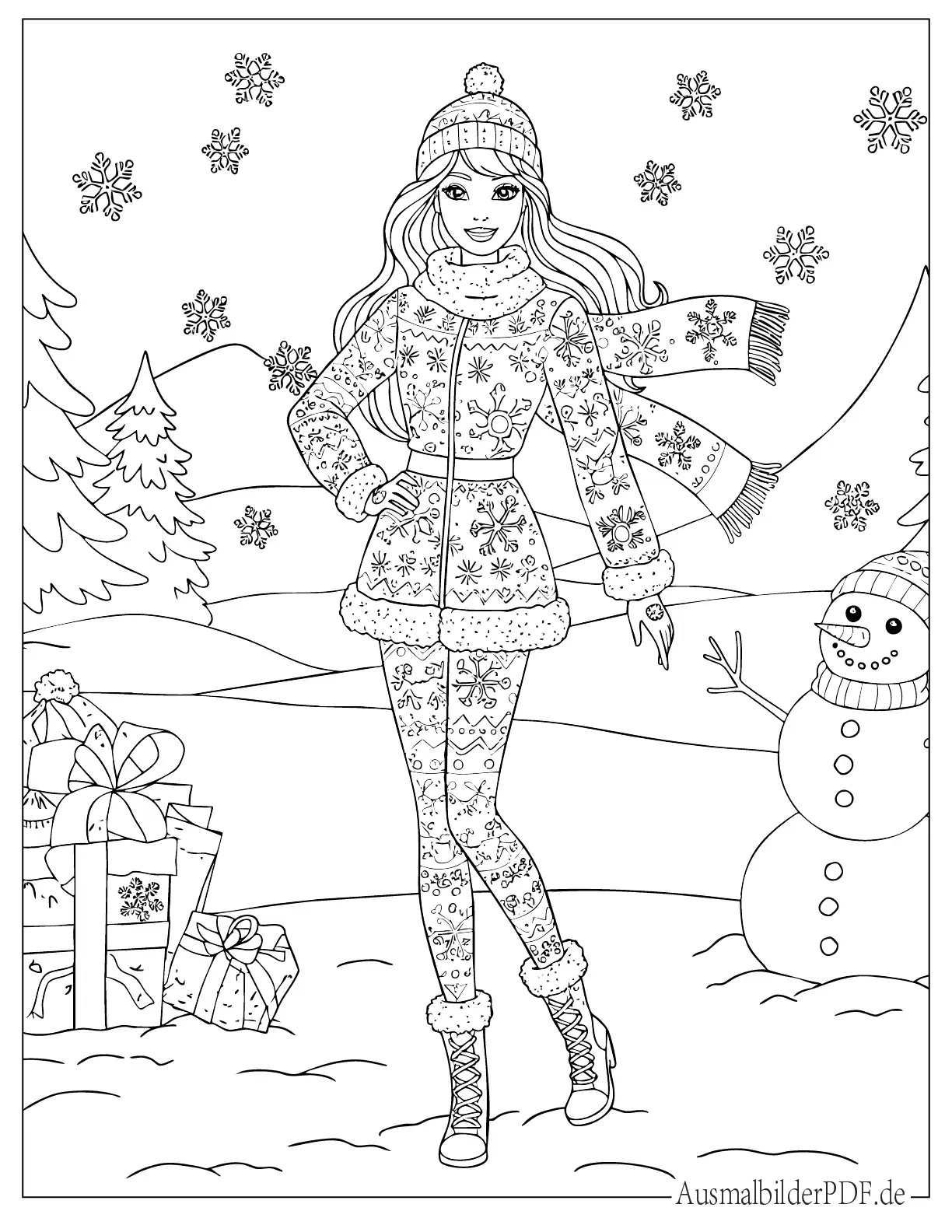 Barbie im Winterkleid mit Schneeflocken Ausdruckbare Ausmalbild
