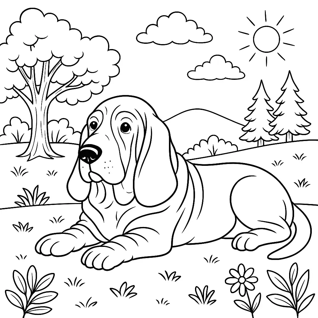 Ausmalbild eines liegenden Basset-Hundes auf einer Wiese mit Bäumen und Sonne im Hintergrund