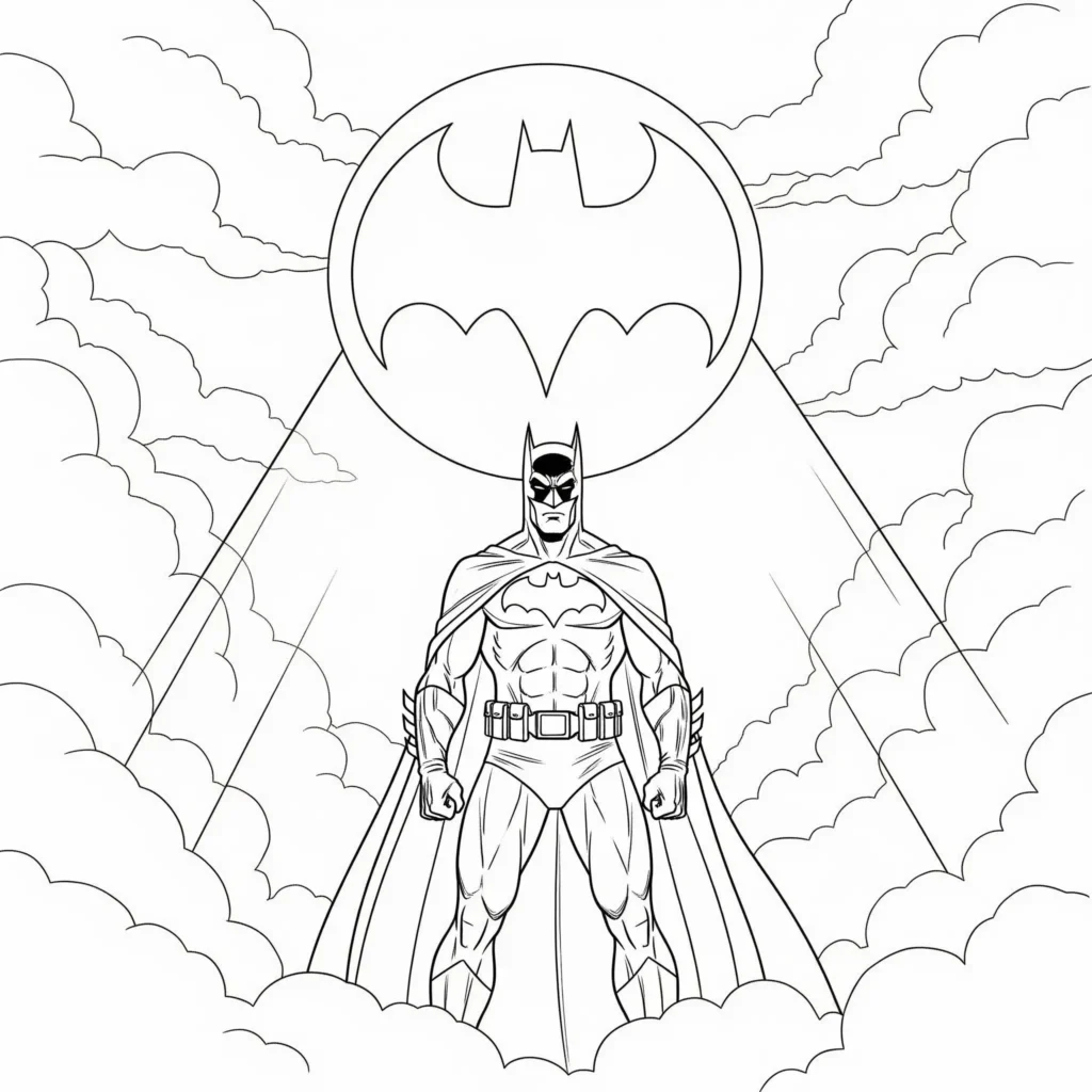 Ausmalbilder Batman mit Bat-Signal im Himmel zum Ausdrucken und Ausmalen für Kinder