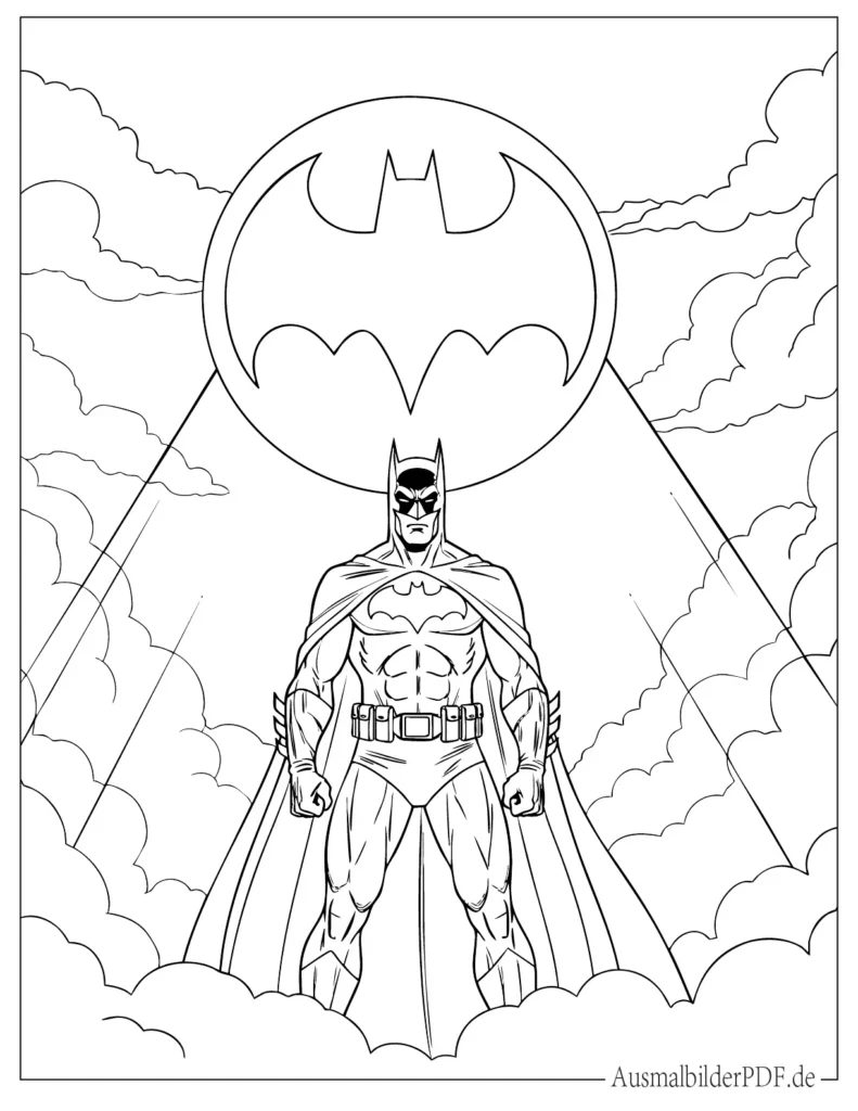 Detailreiche Batman Malvorlage mit Bat Signal am Nachthimmel, perfekt für Kinder zum Ausdrucken und Ausmalen.